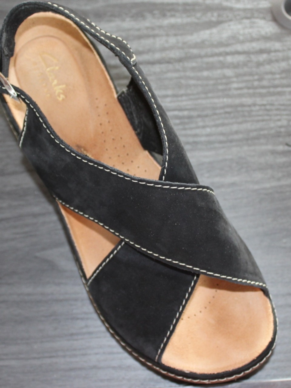 Clarks Black Suede Crisscross Sandal with Buckle